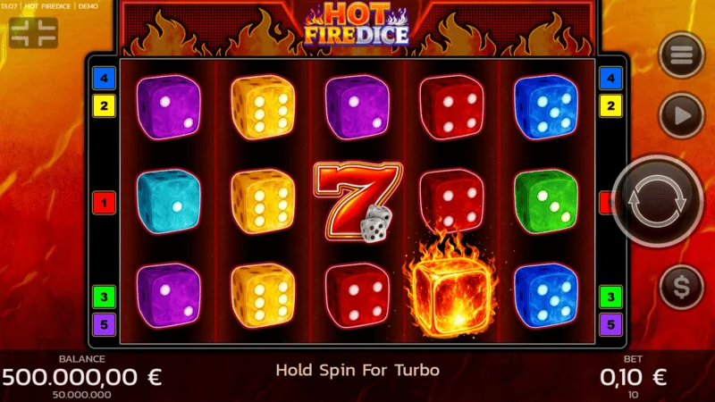 Hot Fire Dice - 燃えるセブンが並ぶゲーム画面